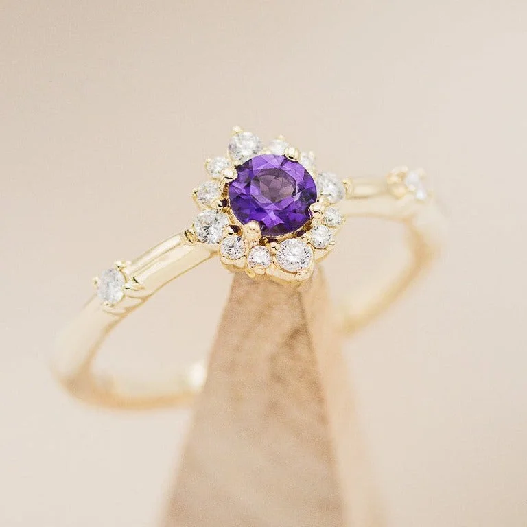 "STARLA" - ROUND CUT AMETHYST ENGAGEMENT RING WITH STARBURST DIAMOND HALO