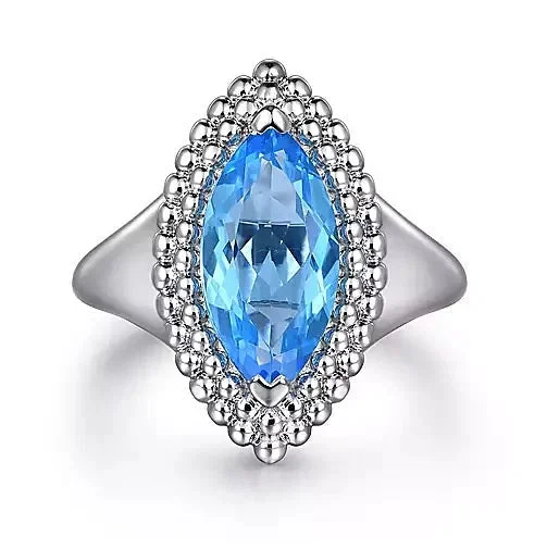 Sterling Silver Marquise Shape London Blue Topaz Bujukan Fashion Ladies Ring. Finger Size 6.5