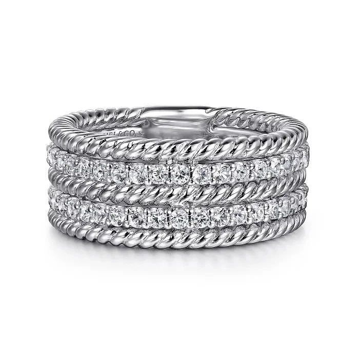 Sterling Silver White Sapphire Hampton Easy Stacklable Multi Row Ladies Fashion Ring. Finger Size 6.5