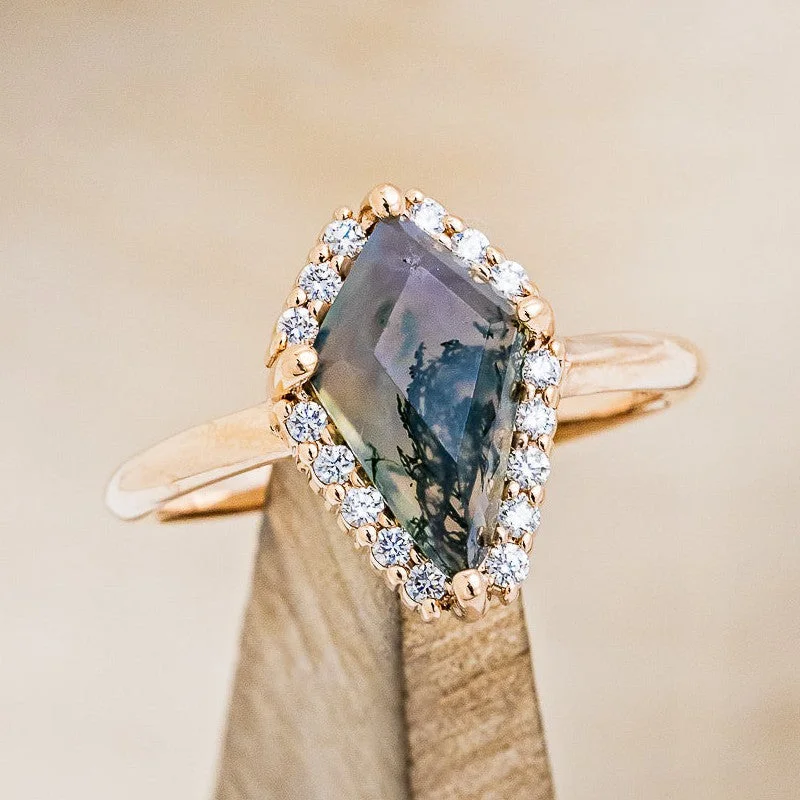 "STEVIE" - KITE CUT MOSS AGATE ENGAGEMENT RING WITH DIAMOND HALO