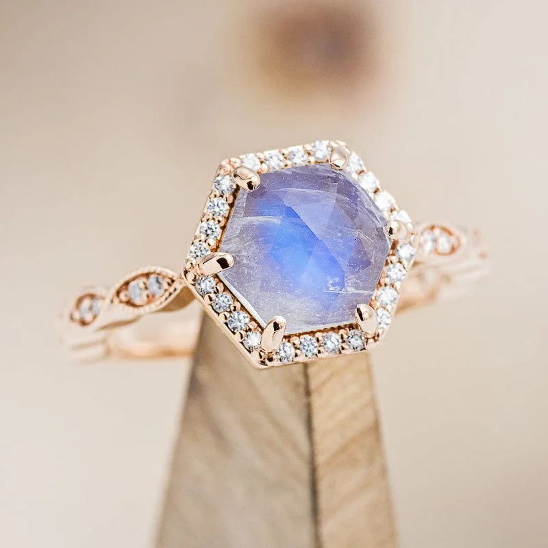 "SWEET CAROLINE" - HEXAGON MOONSTONE ENGAGEMENT RING WITH DIAMOND HALO & ACCENTS