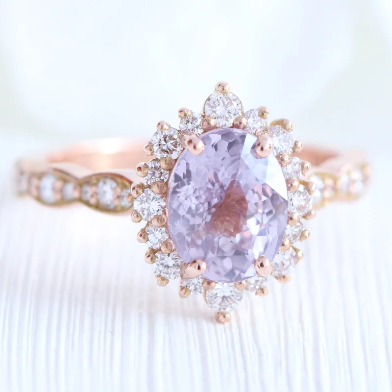 2.76 Ct Large Lavender Sapphire Ring in 14k Rose Gold Tiara Halo Diamond, Size 6