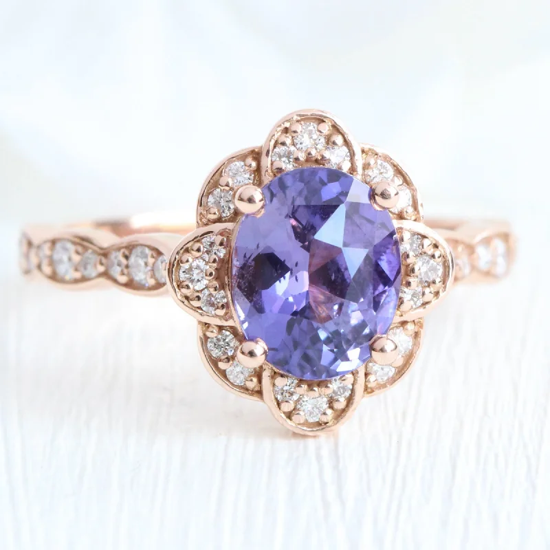 2.31 Ct Oval Purple Sapphire Ring in 14k Rose Gold Vintage Floral Diamond, Size 6.5