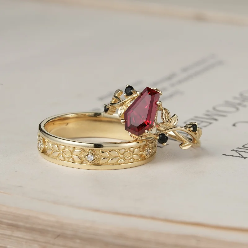 6x9 Coffin Cut Ruby Nature Inspired Couple Rings - Soulmates' Promise