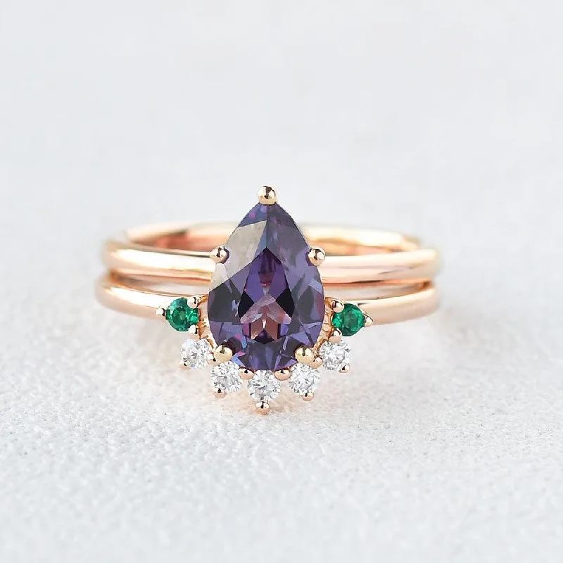 Alexandrite & Emerald & Moissanite Pear Shaped Ring Set 2pcs