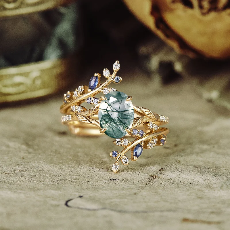 Aphrodite's Enchanted Vine | A Mythical Moss Agate and Sapphire Engagement Ring Set