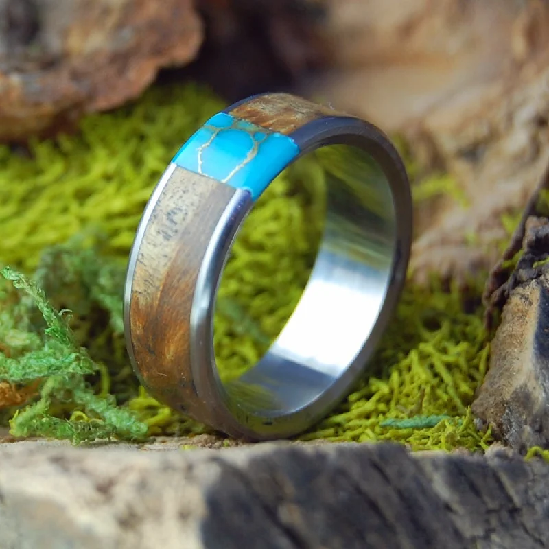 Artist Of Tibet | Men's Box Elder Wood, Tibetan Turquoise & Titanium Wedding Ring