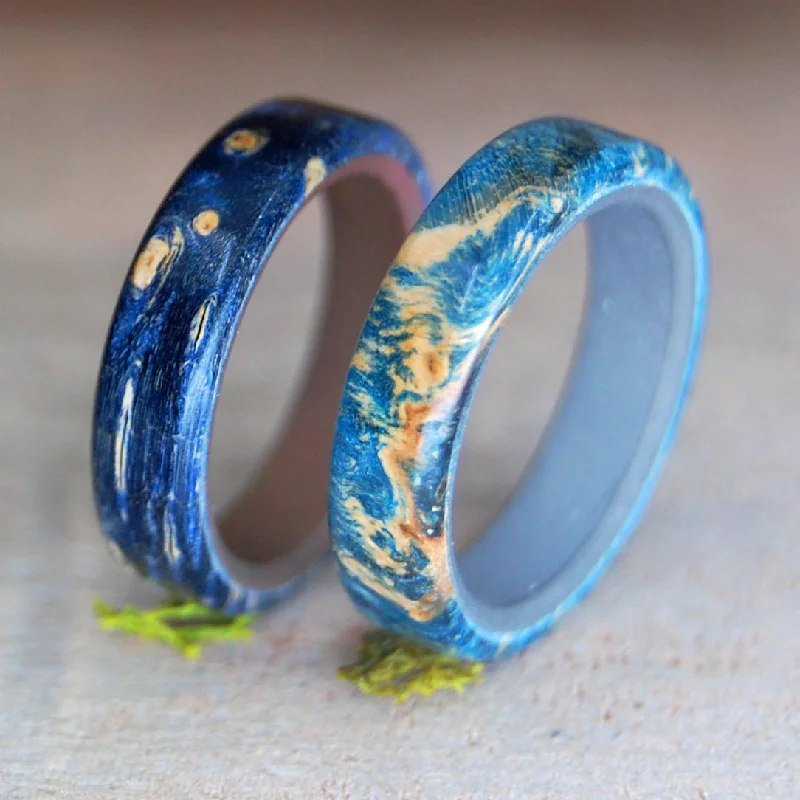 Blue Promise | Blue Box Elder Wood & Titanium - Unique Wedding Ring - Wedding Ring Set