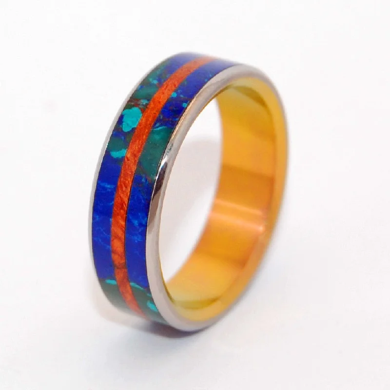 Bridge Between Oceans | Men's Amboyna Burl Wood, Azurite, & Malachite Wedding Ring