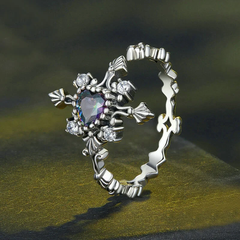 Cross Inlaid Heart-shaped Zircon Sterling Silver Open Ring