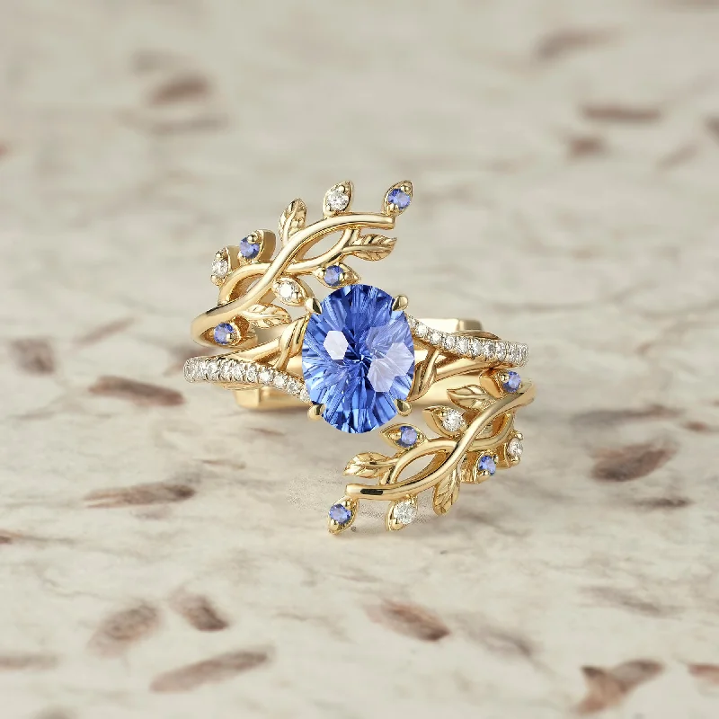 Cross Vine Moissanite and Starbrite Cut Cornflower Sapphire Ring Set - Lillian