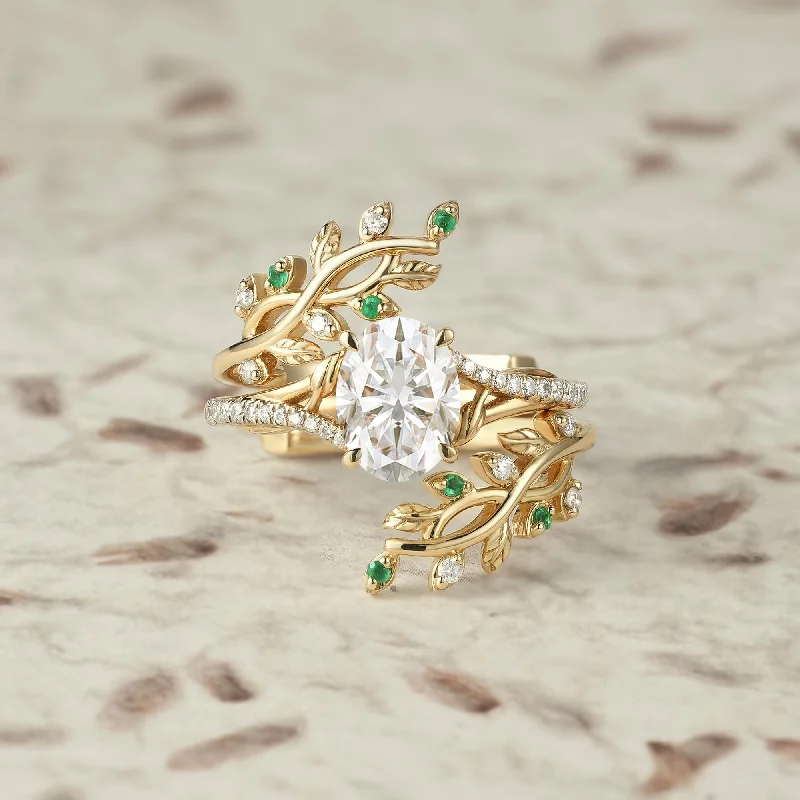 Cross Vine Moissanite and Emerald Ring Set - Lillian