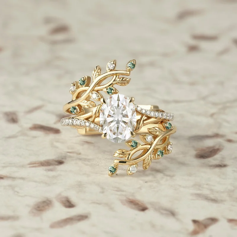 Cross Vine Moissanite and Green Sapphire Ring Set - Lillian