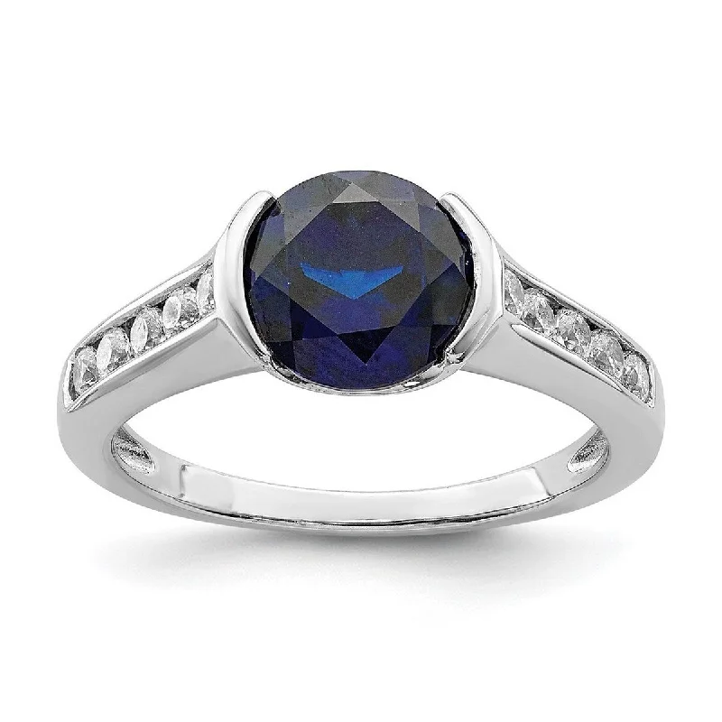 Curata 925 Sterling Silver Open back Simulated Blue Sapphire and Cubic Zirconia Bezel Ring