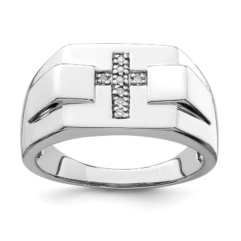 Curata 925 Sterling Silver Polished Diamond Religious Faith Cross Signet Ring