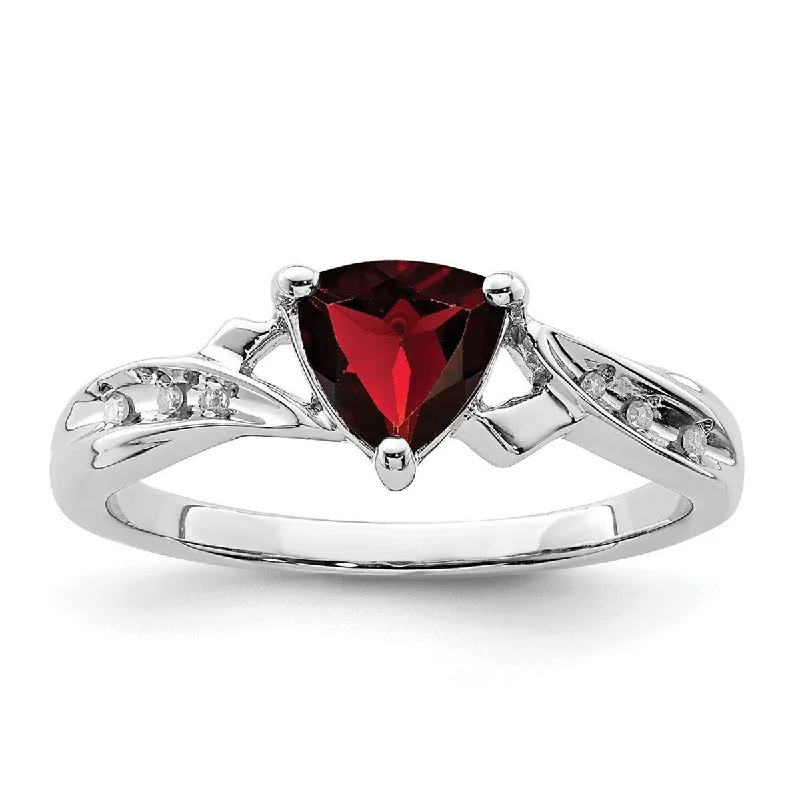 Curata 925 Sterling Silver Polished Open back Rhodium Plated Diamond and Garnet Love Heart Ring