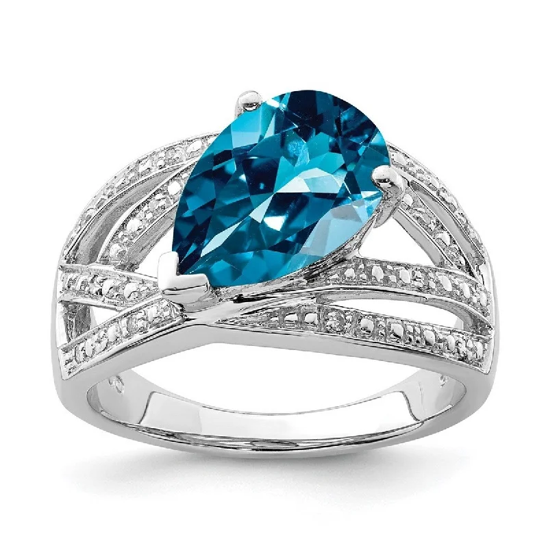 Curata 925 Sterling Silver Polished Open back Rhodium Plated Diamond and London Blue Topaz Ring