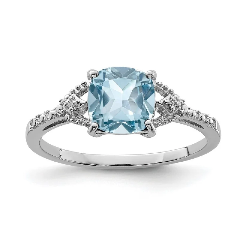 Curata 925 Sterling Silver Polished Open back Rhodium Plated Diamond and Sky Blue Topaz Ring