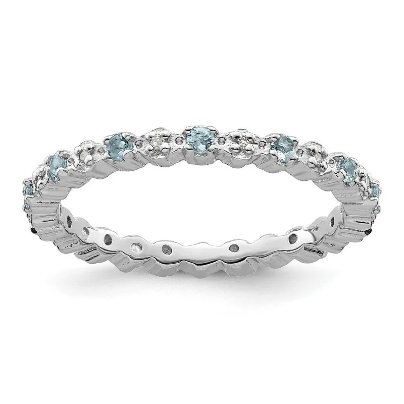 Curata 925 Sterling Silver Polished Prong set Stackable Expressions Aquamarine and Diamond Ring