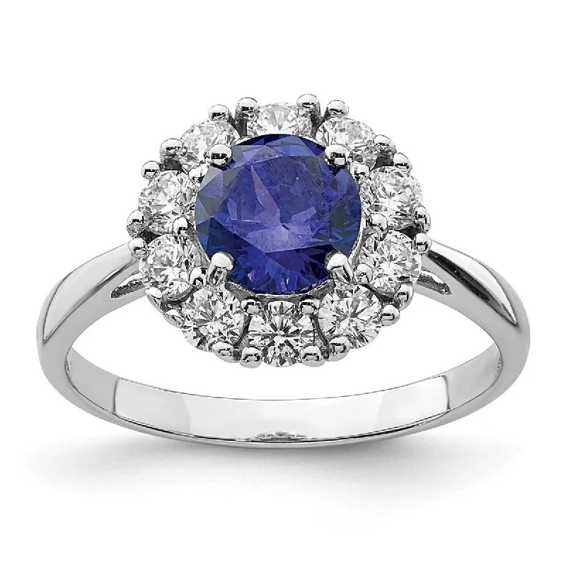 Curata 925 Sterling Silver Rhodium Plated Blue and White CZ Cubic Zirconia Halo Ring