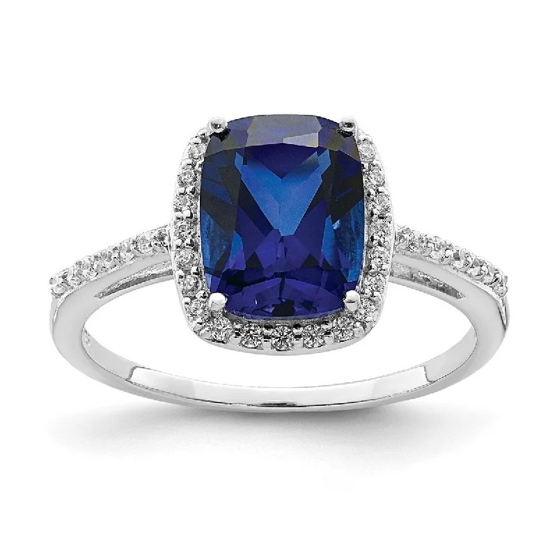 Curata 925 Sterling Silver Rhodium Plated Lab Created Blue Sapphire CZ Cubic Zirconia Ring