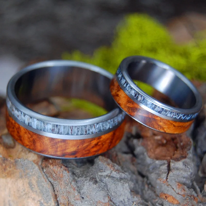 Deer By The Red Oak | Deer Antler & Red Oak Wood - His And Hers Wedding Ring