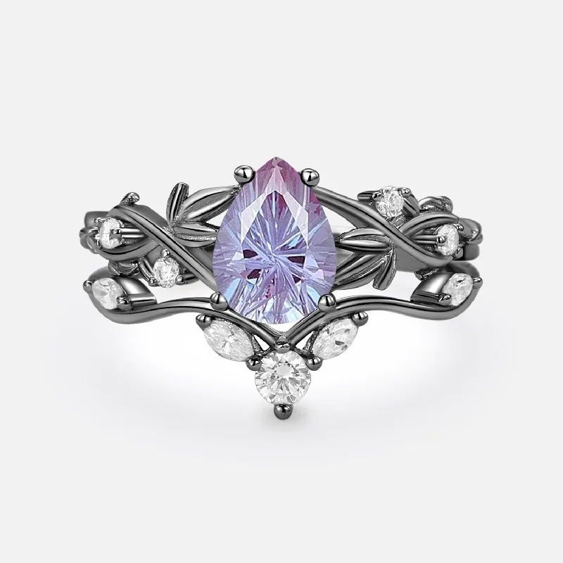 Fireworks Cut Pear Shaped Alexandrite Three Leaves Bridal Ring Set 2pcs