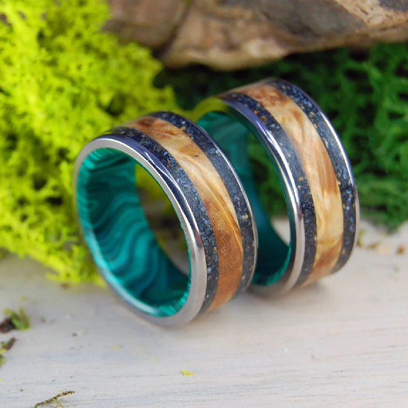 Golden Iceland | Lava, Malachite Stone & Golden Box Elder Wedding Ring