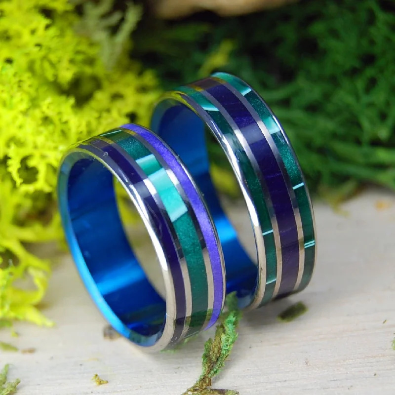 Green Shadows And Purple Pleasures With Blue | Aquatic Green And Purple Marbled Opalescent - Titanium Wedding Ring Set