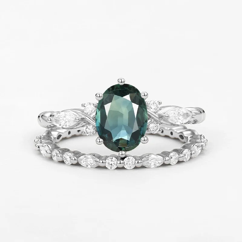 Infinity Oval Green Sapphire Cluster Ring Set 2pcs