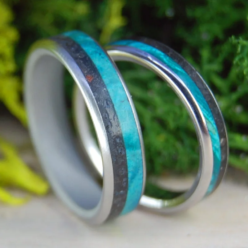 Inox Lava Turquoise I & Ii |  Wood And Icelandic Lava - Inox Steel Wedding Ring