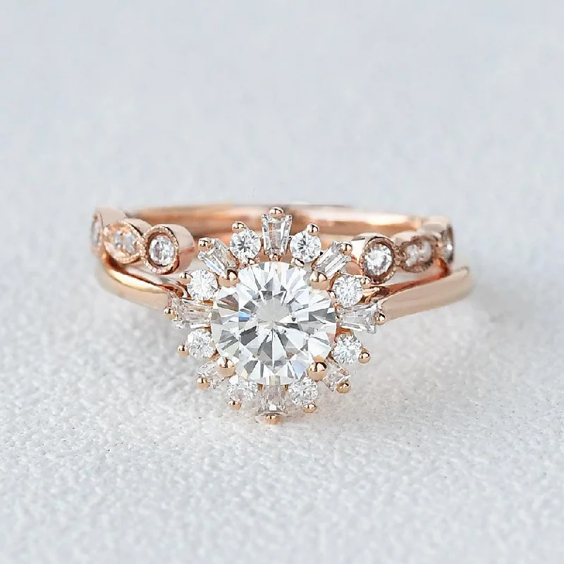 Moissanite & Baguette Zircon Halo Inspired Ring Set 2pcs