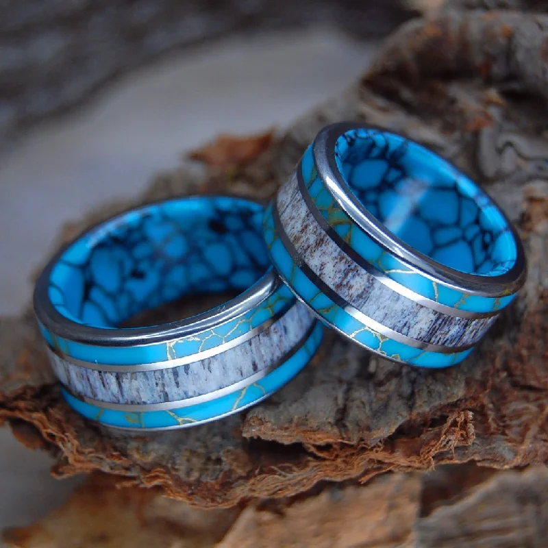 Moose Off Maine Set | Moose Antler & Turquoise - Titanium Wedding Ring Set