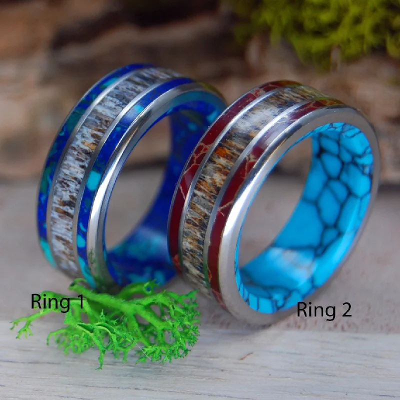 Multi Stone Moose Off Maine Set | Moose Antler & Turquoise, Red Jasper And Spotted Azurite - Titanium Wedding Ring Set