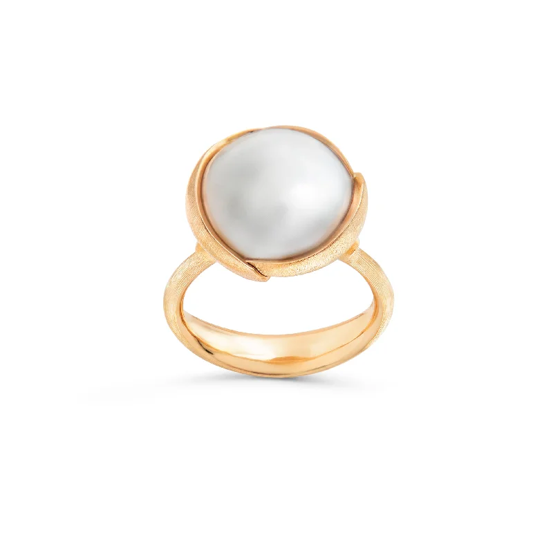 Large Lotus 18K Gold Ring w. Pearl