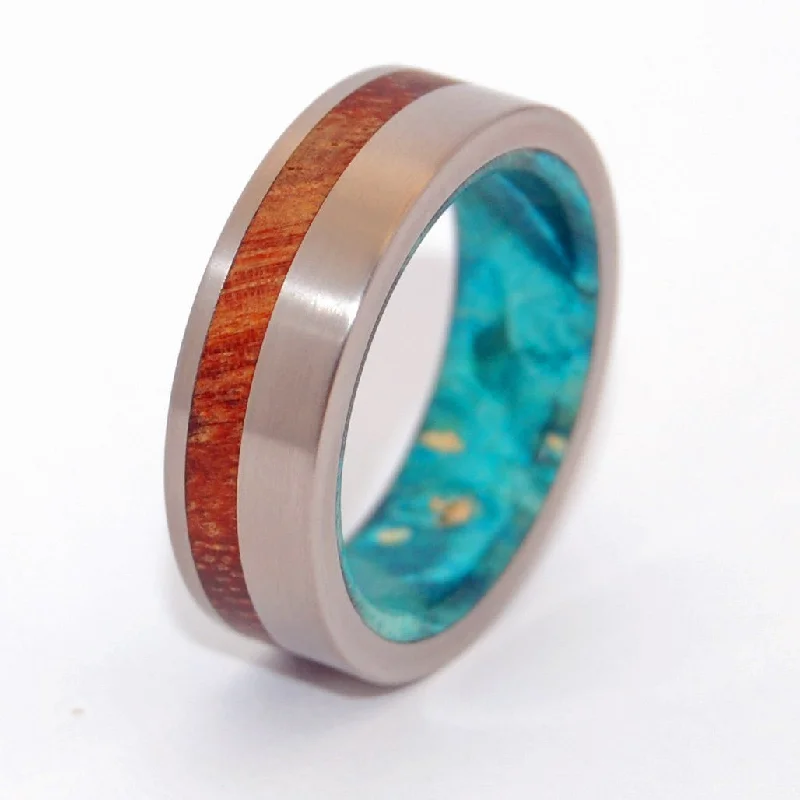 Further Than Stars | Men's Hawaiian Koa Wood, Turquoise Box Elder & Titanium Wedding Ring