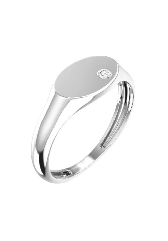 Oval Signet 18K White Gold Ring w. Lab-Grown Diamond