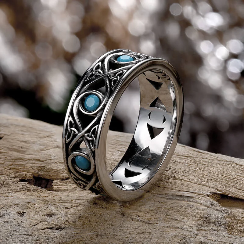 Simple Blue Turquoise Inlaid Hollow Titanium Steel Ring