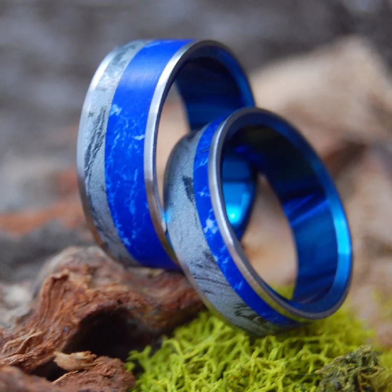 Sodalite And Silver Burst | Sodalite Stone & Silver Bust M3 - His & Hers Wedding Band Set - Stone Wedding Ring