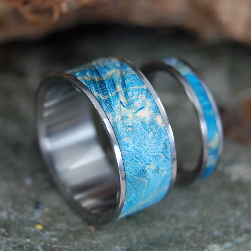 So Simple Blue | Blue Box Elder Wood & Titanium - Unique Wedding Ring Set