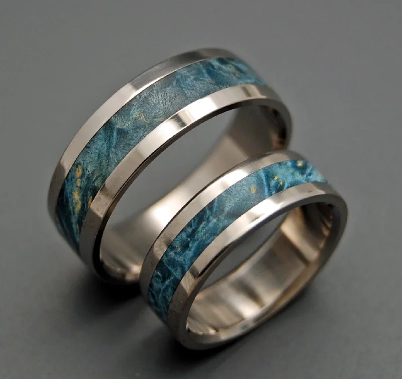 Starry Starry Night | Blue Box Elder Wood & Titanium - Unique Wedding Ring - Wedding Ring Set