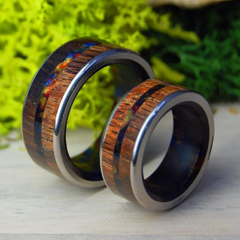 Vegas Love | Lava Burst Resin Koa Wood - His & Hers Wedding Band Set - Wooden Wedding Ring