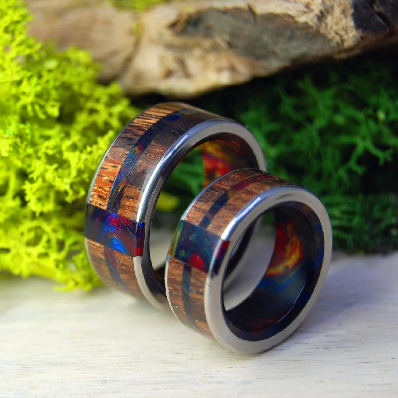 Vegas Nights | Lava Burst Resin Koa Wood - His & Hers Wedding Band Set - Wooden Wedding Ring