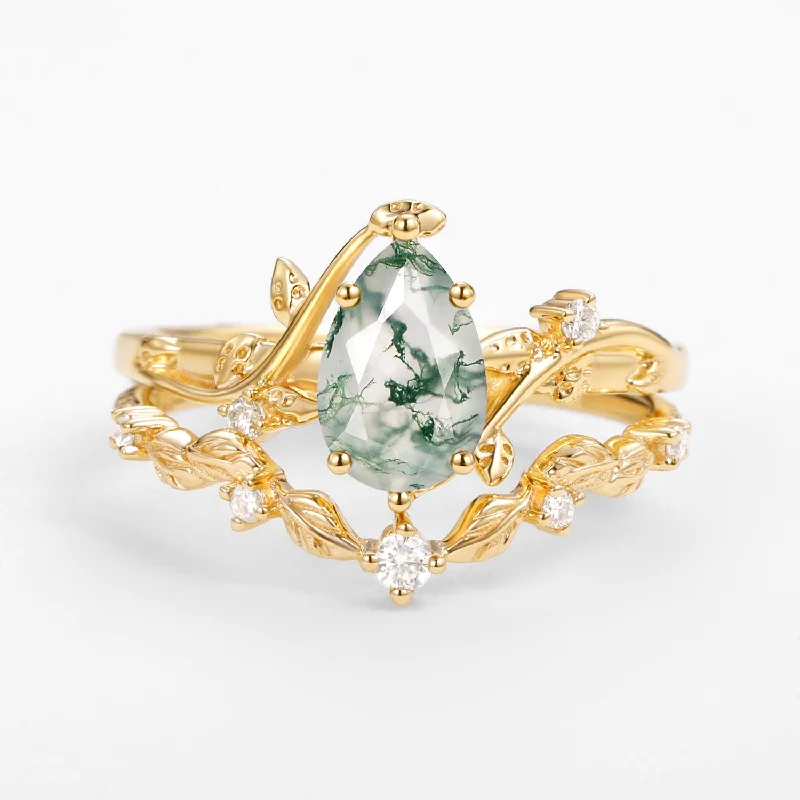 Vine Leafy Pear Cut Moss Agate Engagement Ring Sets 2pcs - Ashley