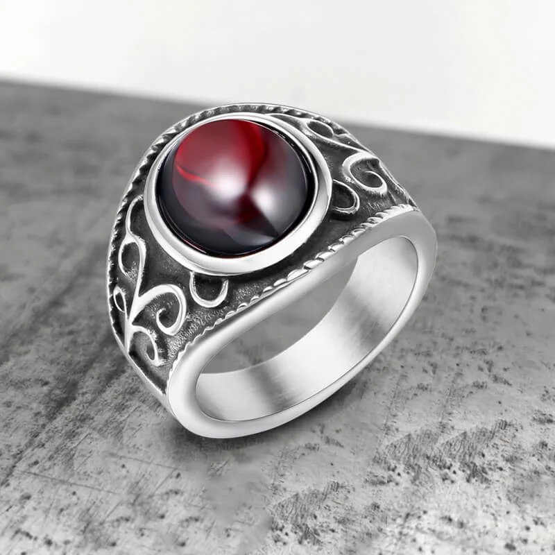 Vintage Engraved Flowers Ruby Stainless Steel Ring