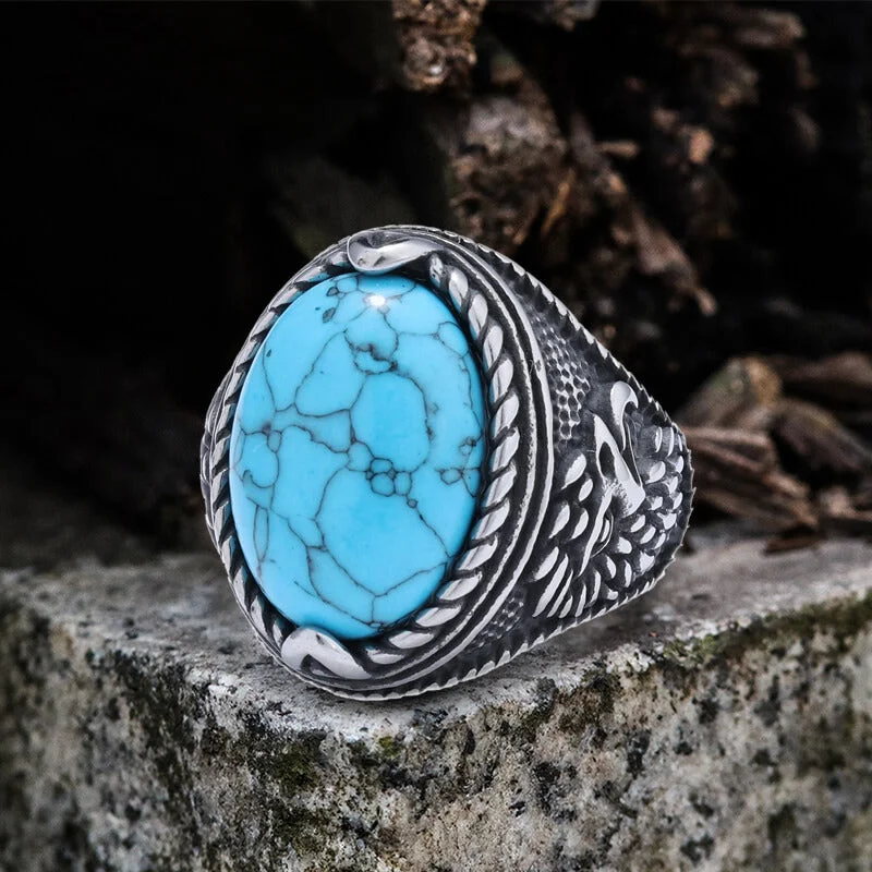 Vintage Turquoise Eagle Pattern Stainless Steel Ring