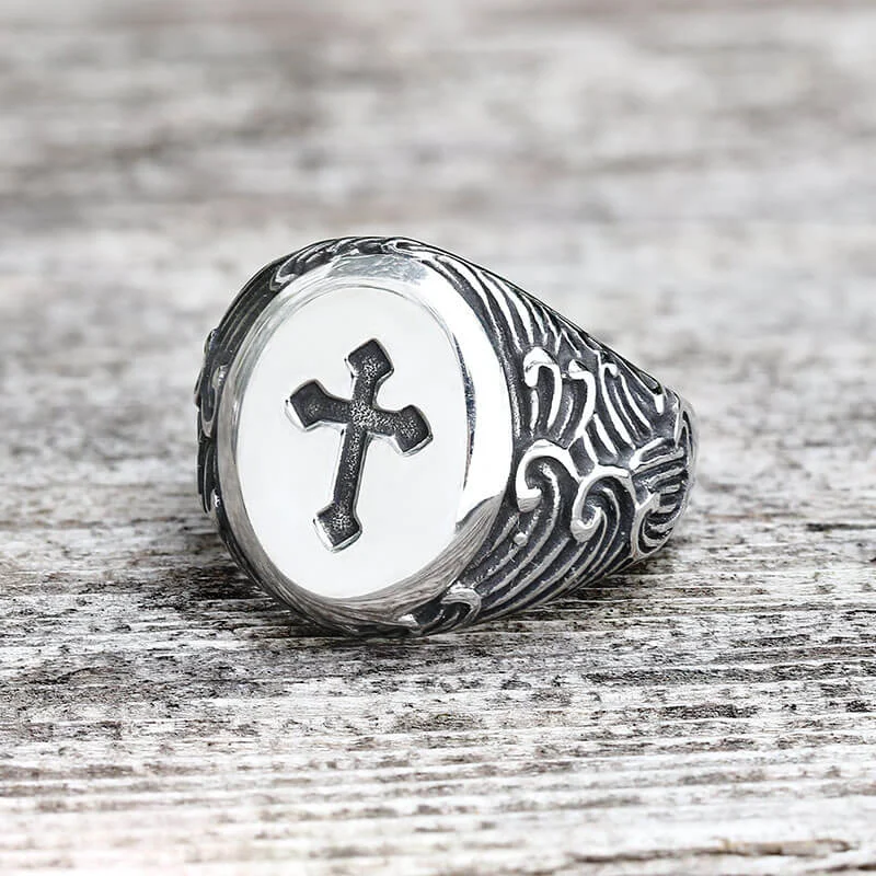 Wave Pattern Budded Cross Stainless Steel Ring