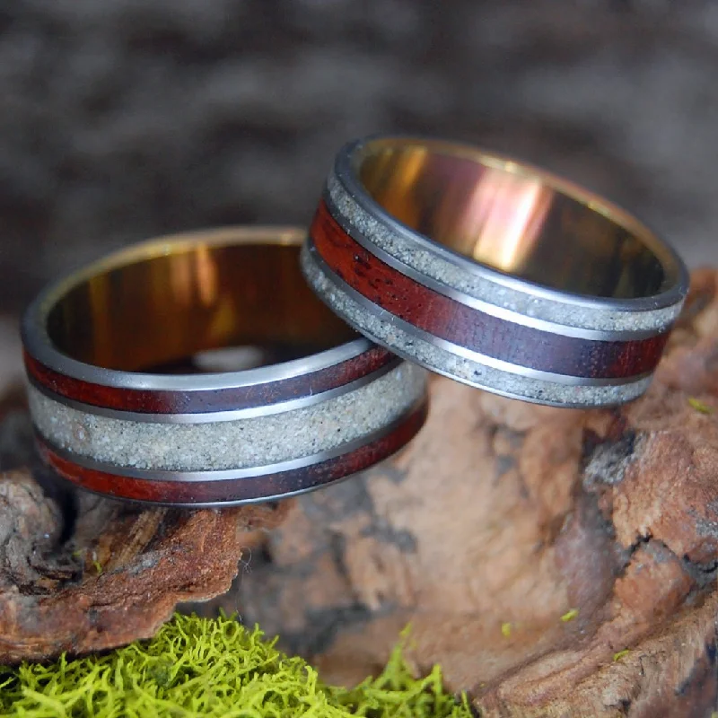 Wood & Beach Sunset | Amboyna Burl & Beach Sand Titanium Wedding Ring Set