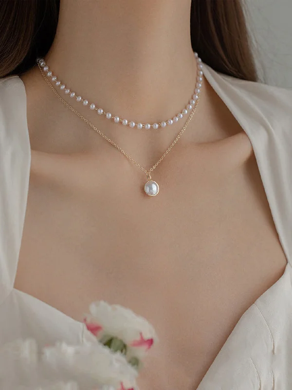 1pc Double Layer Faux Pearl Beaded Elegant Pendant Necklace