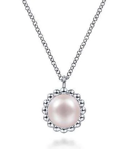 925 Sterling Silver Round Pearl Pendant Necklace with Beaded Frame